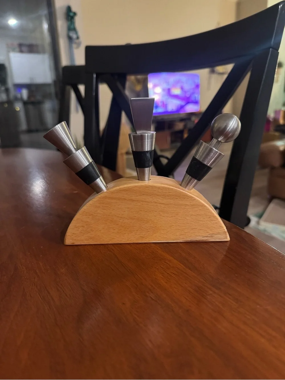 Stainless Steel Wine Stopper Set with Wood Stand - Black Accents
